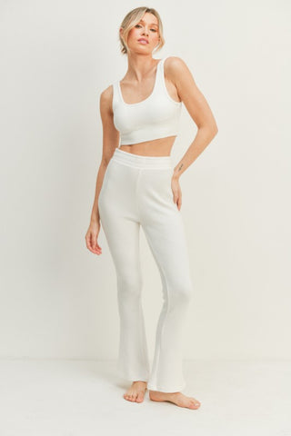 Hot Girl Kimberly Waffle Tank and High Waist Flare Pants Lounge Set In White - Hot Girl Apparel