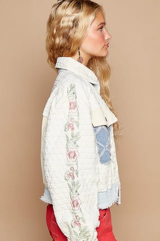 Hot Girl Embroidered Sleeve Raw Edge Quilted Jacket In Ivory