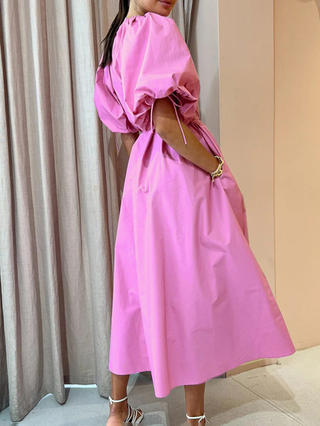 Hot Girl Bubblegum Puff Sleeve  Frenchy Belted Midi Dress In Pink - Hot Girl Apparel