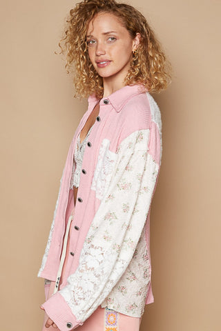 Hot Girl Floral Contrast Lace Button Up Long Sleeve Shirt In Pink