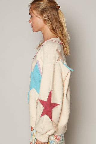 Hot Girl V Neck Tasseled Star Spangled Fringe Sweater In Cream