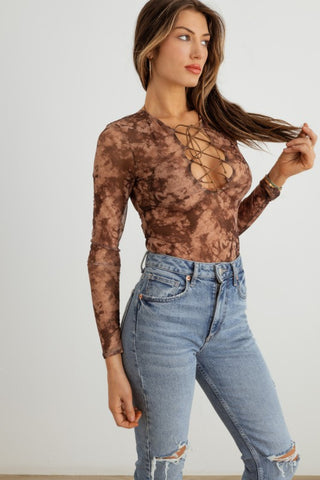 Hot Girl HERA Abstract Mesh Lace-Up Long Sleeve Bodysuit - Hot Girl Apparel