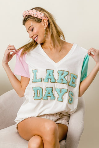 Hot Girl Lake Days Letter Patch V-Neck Color Block Graphic Short Sleeve Tee