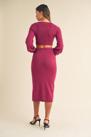 Hot Girl MABLE Front Twisted Knit Top and Midi Skirt Set In Magenta