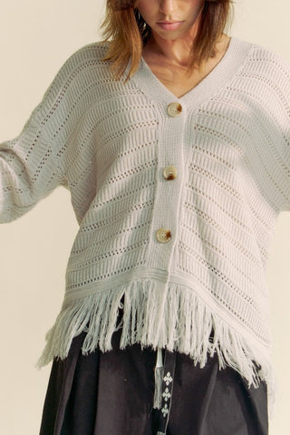 Hot Girl X Davi & Dani Fringe V-Neck Cardigan In Grey