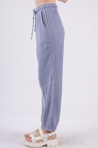 Hot Girl Washed Woven Crinkle Gauze Drawstring Cargo Pants In Blue