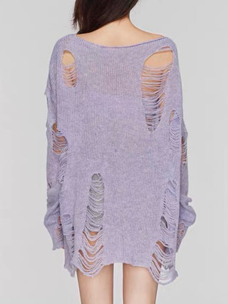 Hot Girl Distressed Boat Neck Knit Cover Up Long Sleeve Top