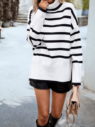 Hot Girl Striped Turtleneck Side Slit Sweater