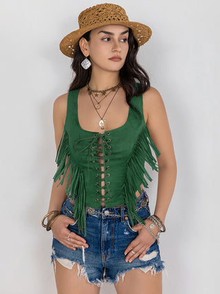 Hot Girl Cowboy Fringe Lace-Up Wide Strap Tank In Green Short Sleeve Top