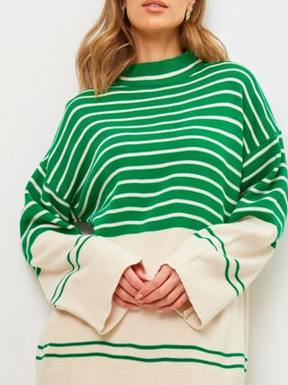 Hot Girl Cardona Contrast Striped Mock Neck Bell Sleeve Sweater