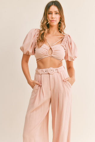 Hot Girl MABLE Cut Out Drawstring Crop Top and Belted Pants Two Piece Set