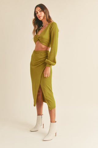 Hot Girl MABLE Front Twisted Knit Top and Midi Skirt Set In Avocado Green