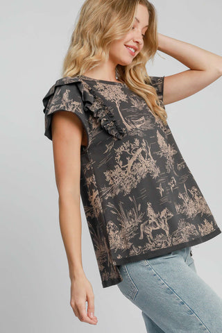 Hot Girl X Umgee Ruffled Landscape Print Short Sleeve French Terry Top In Charcoal