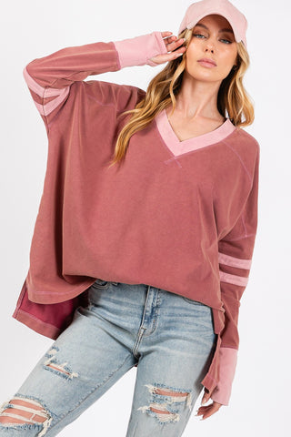 Hot Girl SAGE + FIG Mineral Wash Side Slit Contrast Long Sleeve T-Shirt In Marsala