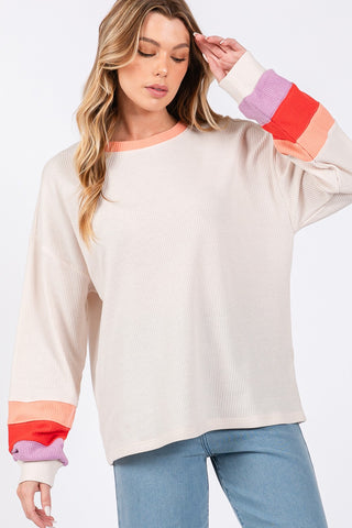 Hot Girl SAGE + FIG Color Block Waffle Knit Long Sleeve T-Shirt In Cream