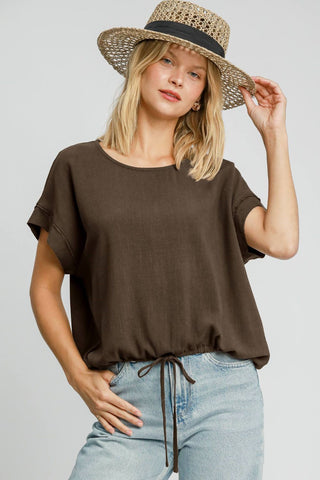 Hot Girk X Umgee Drawstring Hem Linen Short Sleeve T-Shirt In Brown