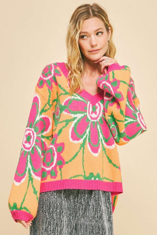 Hot Girl X Davi & Dani Floral Contrast V-Neck Sweater