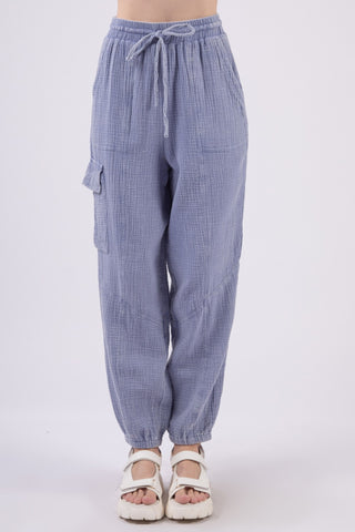 Hot Girl Washed Woven Crinkle Gauze Drawstring Cargo Pants In Blue