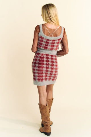 Hot Girl X Davi & Dani Scoop Neck Fuzzy Plaid Top and Skirt Sweater Set