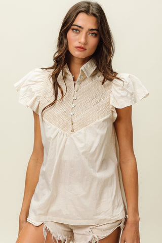 Hot Girl Buttoned Collared Neck Short Sleeve Linen Blouse In Ivory - Hot Girl Apparel