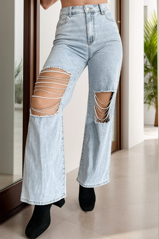 Hot Girl Distressed Beaded Chain Straight Leg Jeans - Hot Girl Apparel