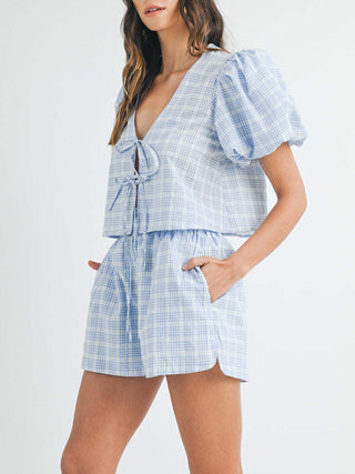 Hot Girl Pretty In Plaid Puff Sleeve Tied Top and Shorts Set