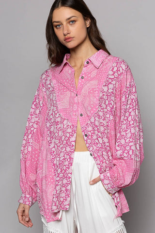 Hot Girl Button Down Paisley Print Pink Long Sleeve Shirt