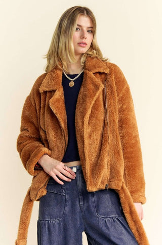 Hot Girl X Davi & Dani Fuzzy Zip Up Collared Neck Jacket In Camel