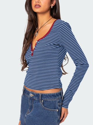 Hot Girl Striped Henley Long Sleeve T-Shirt