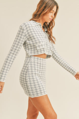 Hot Girl MABLE Houndstooth Cropped Knit Cardigan and Mini Skirt Set In Grey