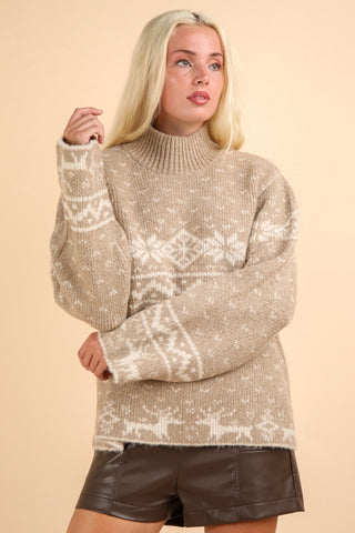 Hot Girl VERY J Christmas Fair Isle Mock Neck Sweater In Latte