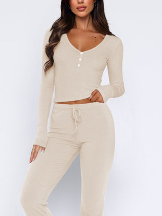 Hot Girl Henley Long Sleeve Top and Pants Two Piece Lounge Set