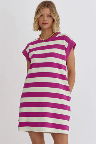 Hot Girl Magenta Striped Cap Sleeve Dress With Pockets