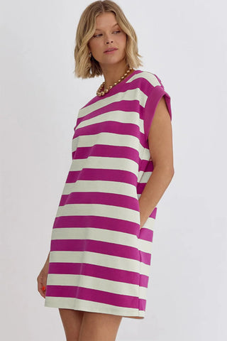 Hot Girl Magenta Striped Cap Sleeve Dress With Pockets