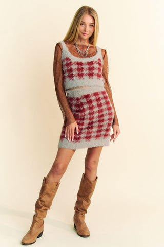 Hot Girl X Davi & Dani Scoop Neck Fuzzy Plaid Top and Skirt Sweater Set