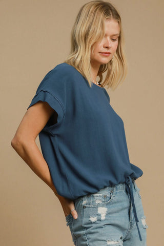 Hot Girk X Umgee Drawstring Hem Linen Short Sleeve T-Shirt In Peacock Blue