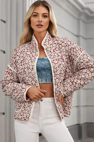 Hot Girl Floral Snap Down Mock Neck Lightweight Jacket