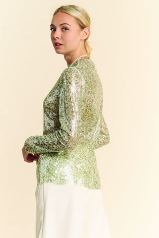 Hot Girl X Davi & Dani Sequined Mesh Mock Neck Long Sleeve Top In Sage