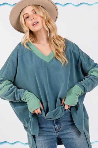 Hot Girl SAGE + FIG Mineral Wash Side Slit Contrast Long Sleeve T-Shirt In Teal