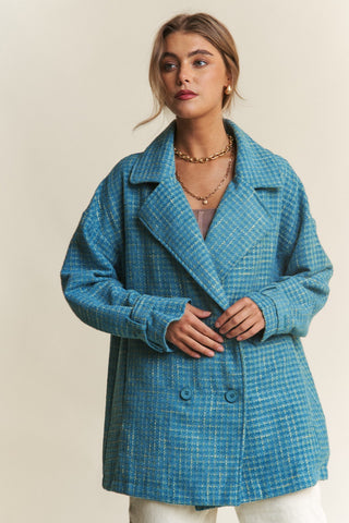 Hot Girl J.NNA Tweed Double-Breasted Pea Coat In Peacock Blue