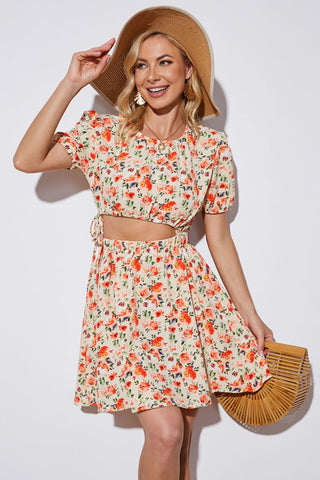 Hot Girl Floral Cutout Puff Sleeve Mini Dress - Hot Girl Apparel