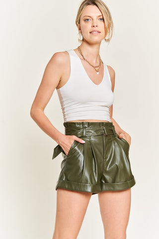 Hot Girl High Waisted Belted Faux Leather Shorts