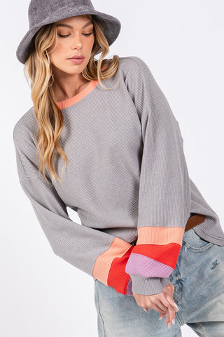 Hot Girl SAGE + FIG Color Block Waffle Knit Long Sleeve T-Shirt In Grey