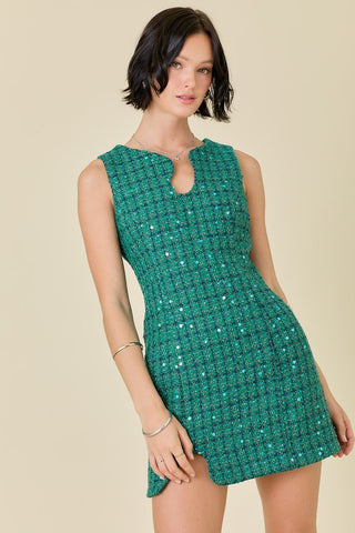 Hot Girl Day + Moon Christmas Plaid Sequin Tweed Mini Dress In Green