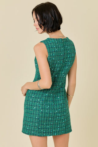 Hot Girl Day + Moon Christmas Plaid Sequin Tweed Mini Dress In Green