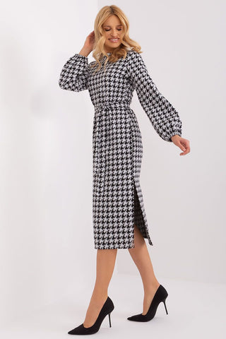 Lakerta Houndstooth Side Slit Long Sleeve Midi Dress - Hot Girl Apparel