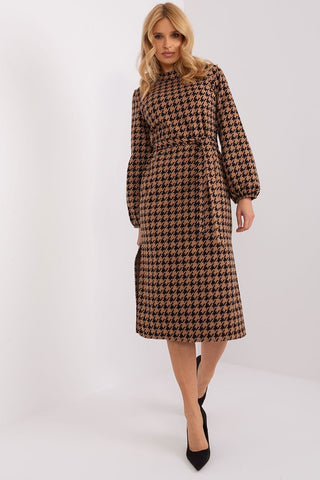 Lakerta Houndstooth Side Slit Long Sleeve Midi Dress - Hot Girl Apparel