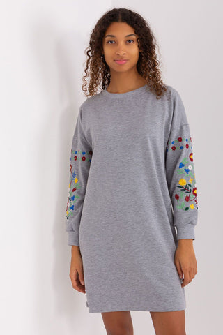 Rue Paris Floral Embroidered Sleeve Sweatshirt Dress With Pockets