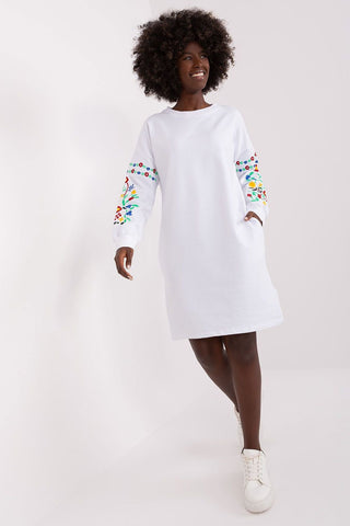 Rue Paris Floral Embroidered Sleeve Sweatshirt Dress With Pockets