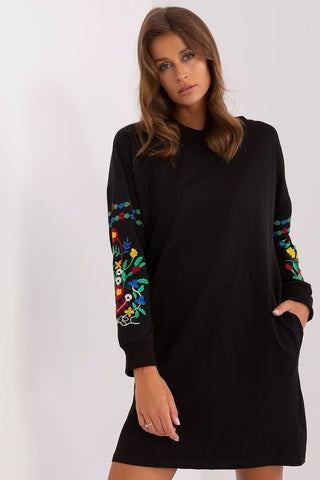 Rue Paris Floral Embroidered Sleeve Sweatshirt Dress With Pockets